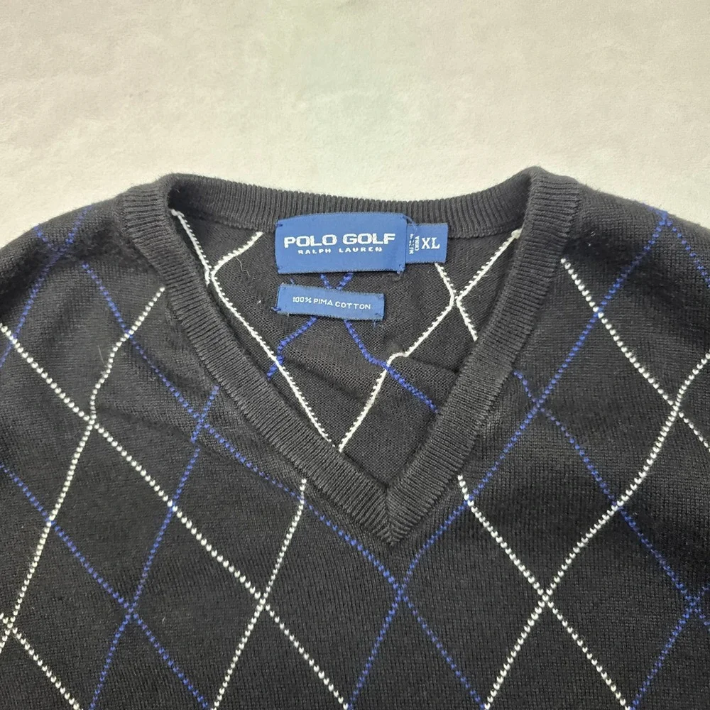 Polo Golf Ralph Lauren Argyle Sweater Vest Mens XL Black‎ Pima Cotton
